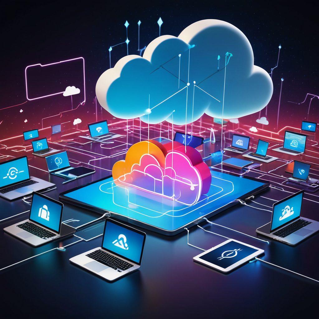 A futuristic digital landscape showing a cloud symbol seamlessly connected to various devices (laptops, tablets, smartphones), each displaying a different OS emulator (Windows, MacOS, Linux, Android). Arrows and glowing lines represent the smooth interoperability. Detailed, vibrant colors. 3D rendering.