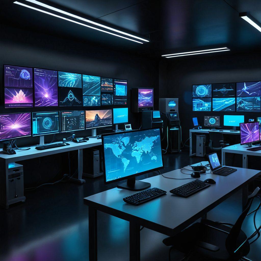 A futuristic software development lab with holographic displays of various devices, coding screens, and a central console running an online emulator. Developers are interacting with the screens, testing and debugging in a high-tech, dynamic setting. 3D models of devices being emulated float seamlessly around. super-realistic. vibrant colors.