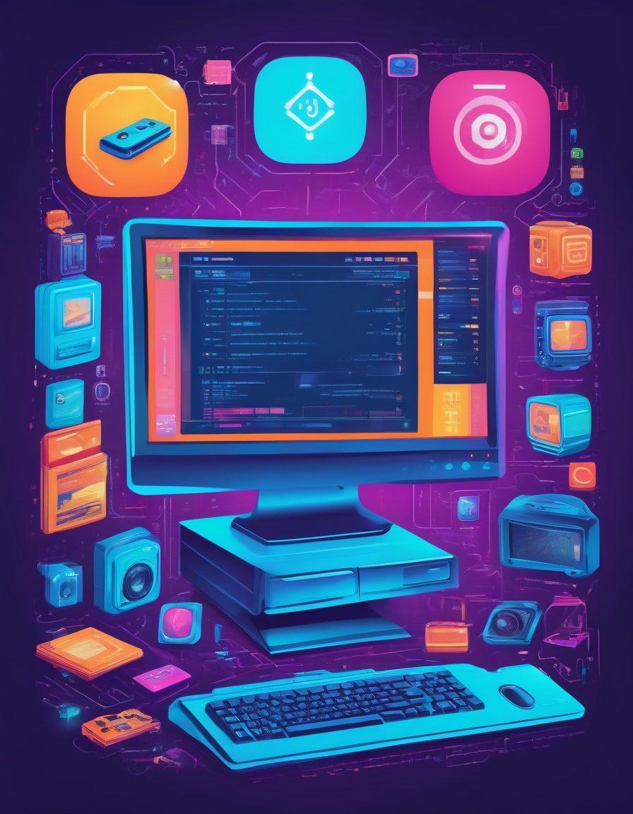 A futuristic digital workspace with multiple computer screens displaying various web-based emulators and software applications. One screen shows retro video game emulators while another highlights business software tools. Include icons like a joystick, code snippets, and a toolbox to emphasize versatility. Vector art. vibrant colors. techy background.